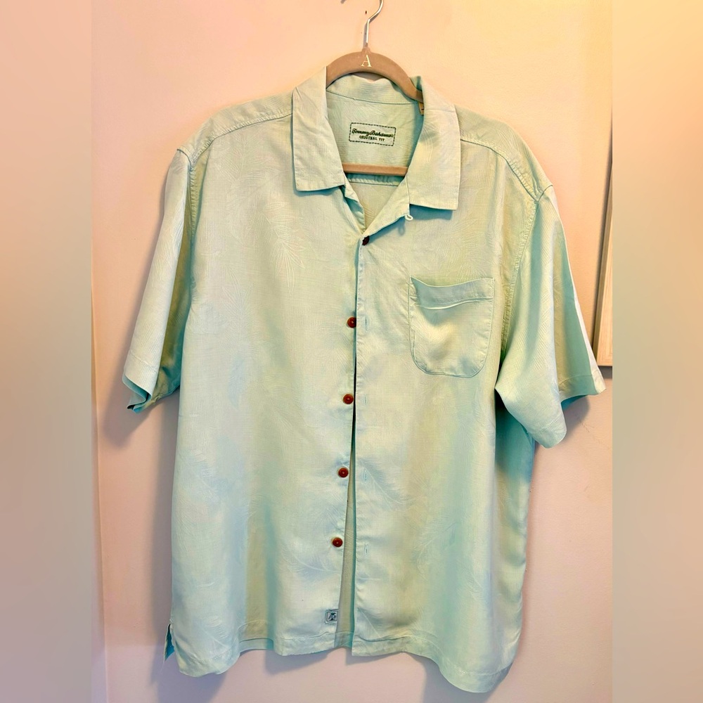 Tommy Bahama Mens XL Silk Button Up Short Sleeve Camp Shirt Light Green W/Pocket
